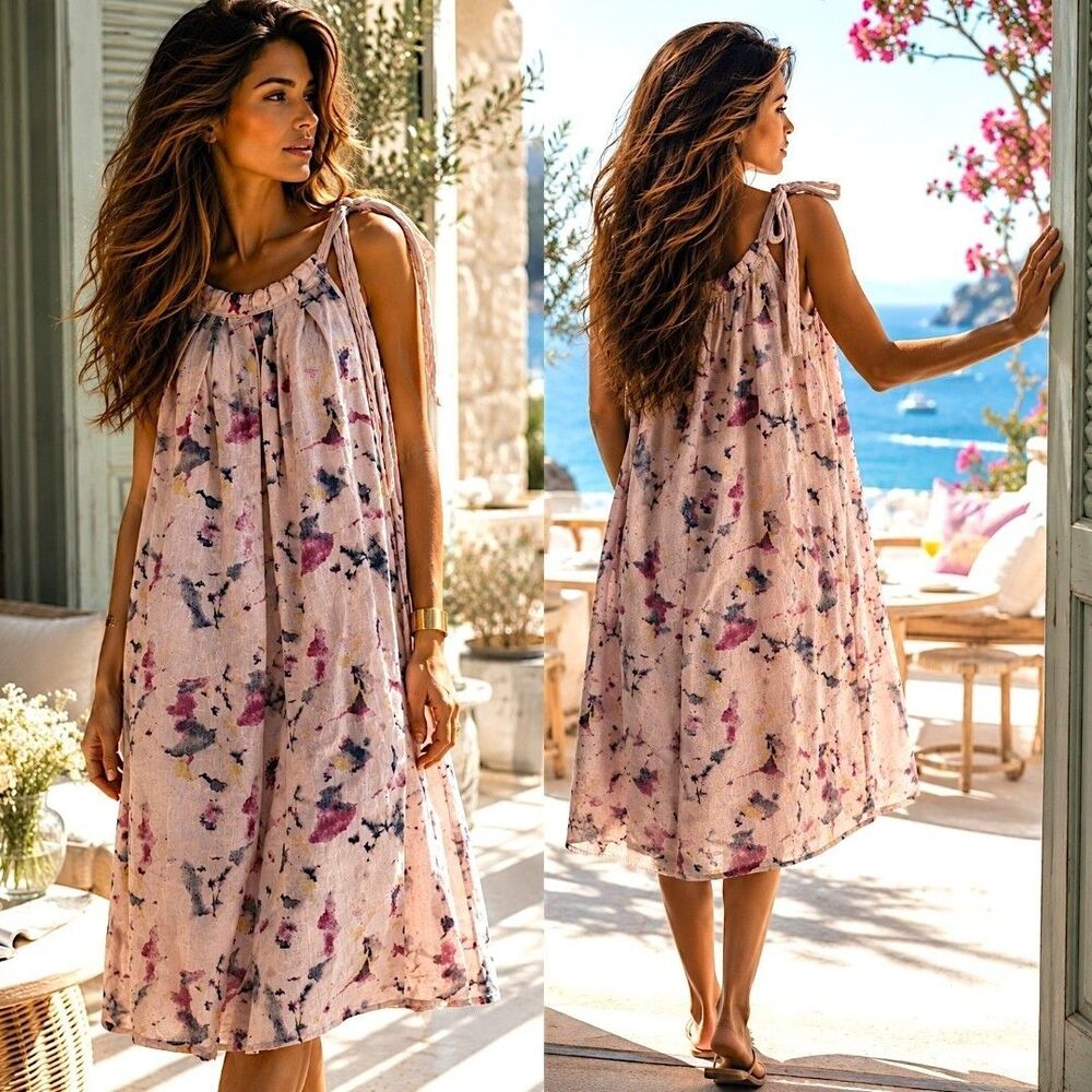 Bellambra 100% Linen Italy Sz M Dress Pink Abstract Tie Shoulder Lagenlook Midi